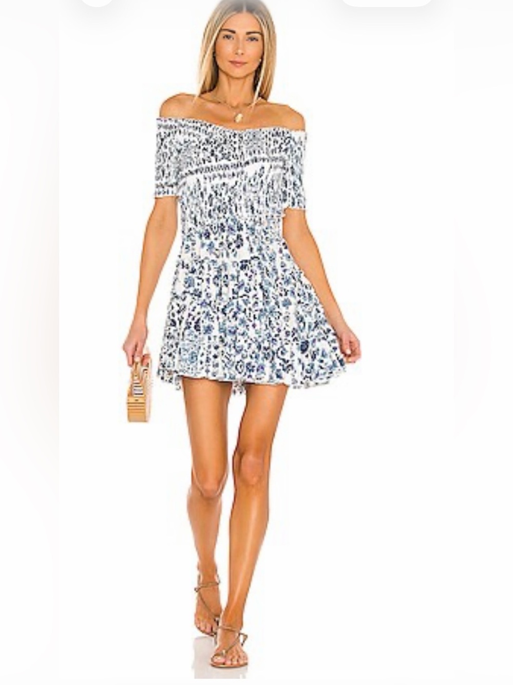 Off-Shoulder Blue Floral Mini Dress